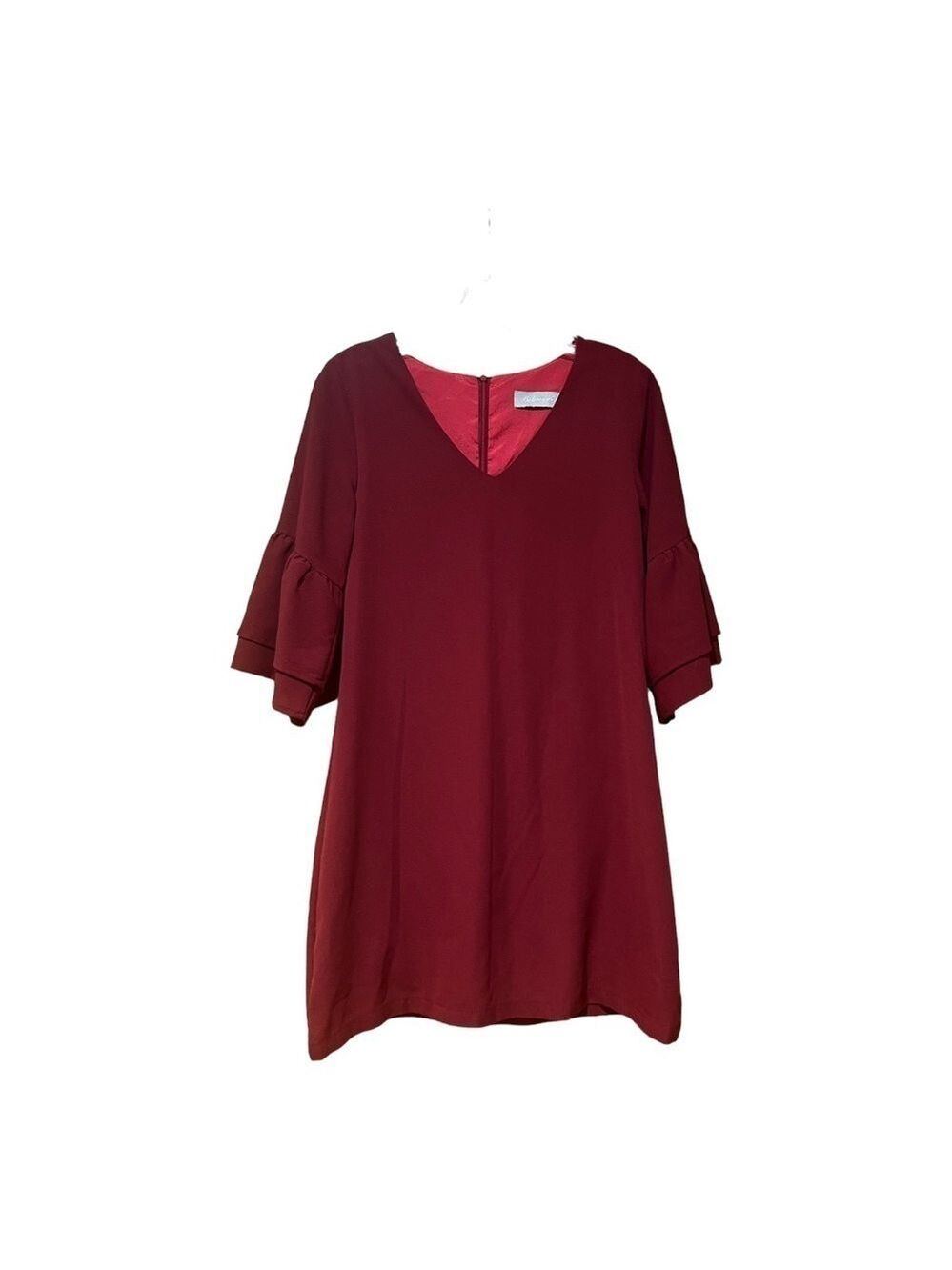 BELONGSCI Wine Red Mini Shift Dress Bell Sleeve Small